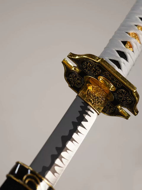 Cosplayer performing action pose with Devil May Cry 5 Vergil Yamato Sword prop katana