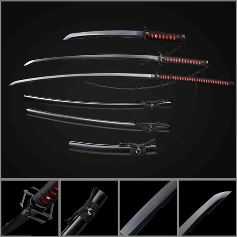 Full view of Bleach Ichigo Kurosaki Bankai Sword 3-piece set with display stand