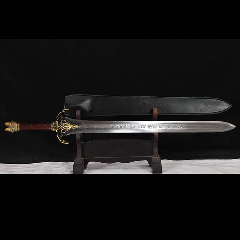 Full length view of Conan Father's Sword replica, hand forged, battle ready with brass fittings