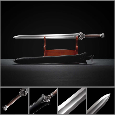 Full view of Conan the Barbarian Mother’s Sword replica hand forged from Damascus steel with wide fantasy blade