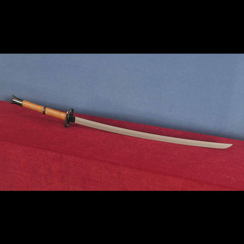 Cyberpunk 2077 katana sword replica displayed with hardwood scabbard