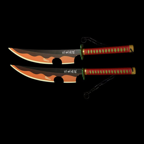 Tengen Uzui Sound Hashira dual blades cosplay sword displayed on stand