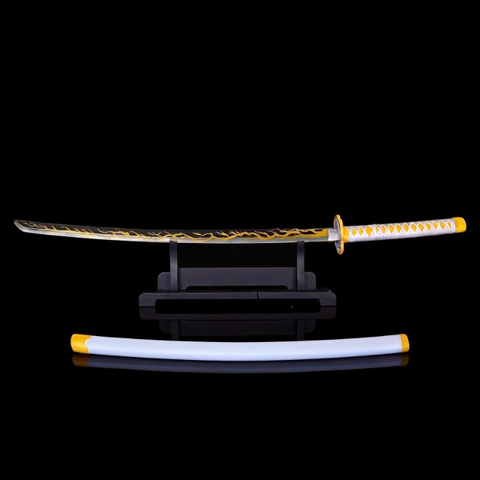 Full-length Demon Slayer Zenitsu Agatsuma Nichirin Katana Replica displayed for anime collectors and cosplay enthusiasts