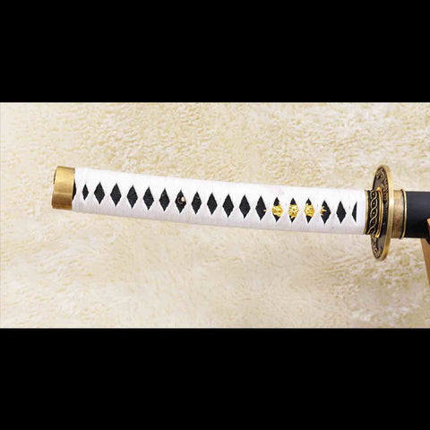 Full view of Devil May Cry Yamato Katana handle with hardwood core, genuine rayskin, and white synthetic silk ito wrap