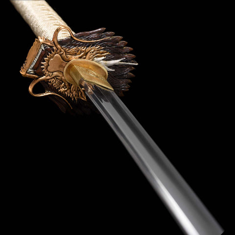 Embossed dragon scale design on katana scabbard with yellow cow horn accents