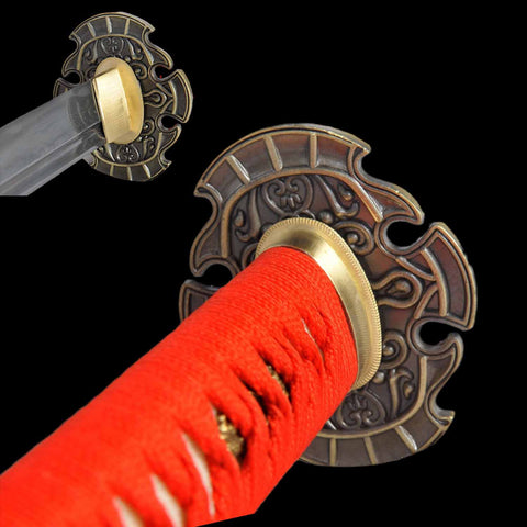 Alloy tsuba guard detail on Ryu Hayabusa Dragon Sword katana from Ninja Gaiden