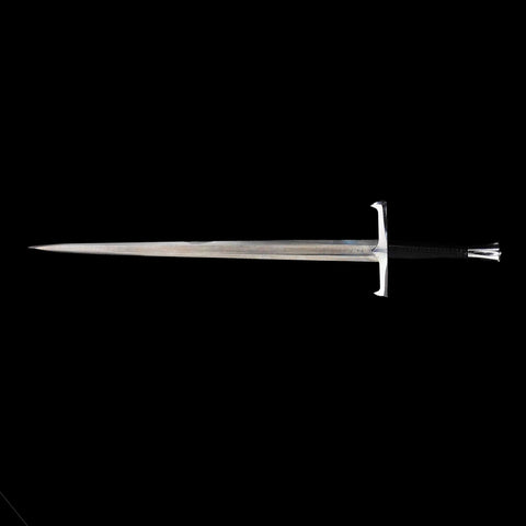 Full length display of hand forged European longsword with 1095 folded steel blade