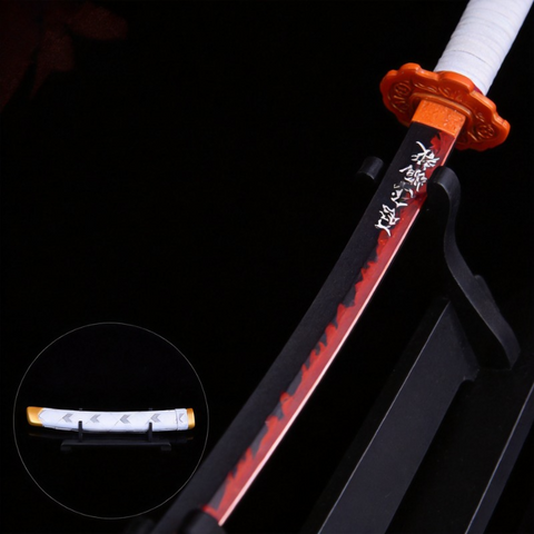 Close up of Flame Hashira Kyojuro Rengoku sword handle featuring traditional anime katana grip design and detailing.