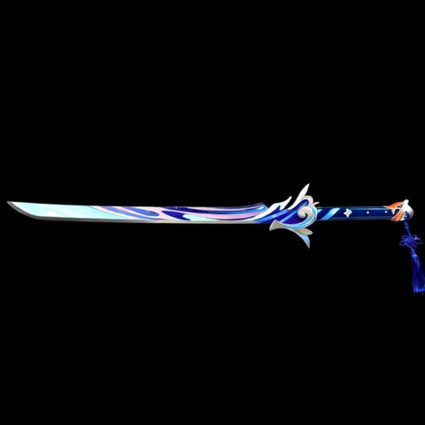 Side view of Freedom-Sworn sword replica showing carbon steel blade and alloy fittings