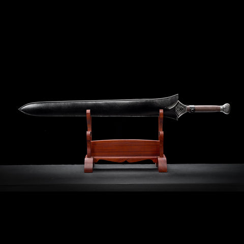 Full horizontal view of hand forged Conan Mother’s Sword replica showing complete Damascus steel blade and handle
