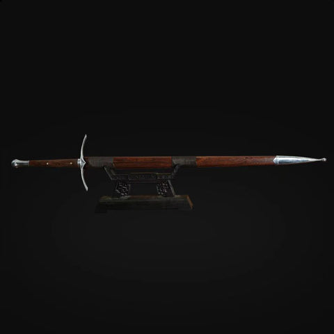 Full view of hand forged Glamdring sword replica featuring rosewood handle and folded steel blade inspired by Lord of the Rings