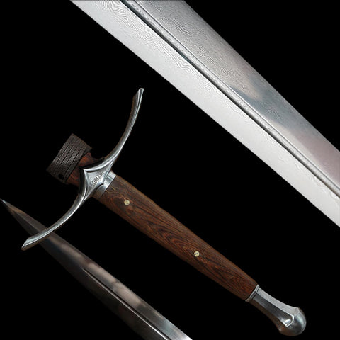 Rosewood handle of hand forged Glamdring sword replica with comfortable grip and classic fantasy sword design