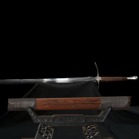 hand forged Glamdring sword replica with rosewood scabbard inspired by Lord of the Rings fantasy weapon