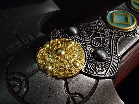 close-up shot of Kratos Leviathan Axe high detail cosplay prop