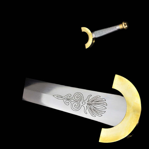 Detailed Greek-inspired engraving on the blade of Harpe sword replica