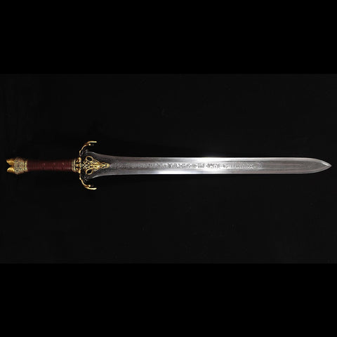 Action view of Conan Father's Sword battle ready replica showing full tang and balance