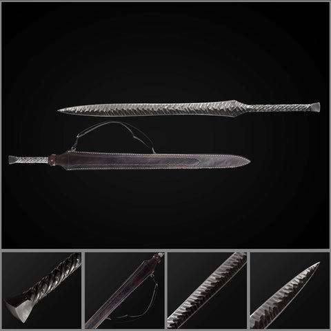 Hand forged European medieval spear sword with full tang folded steel blade and visible grain pattern