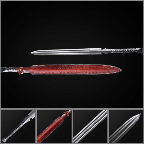 Full view of hand forged European spear sword with folded steel blade and red leather scabbard