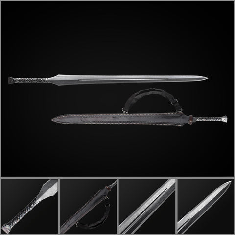 Hand Forged European Spear Sword full tang folded steel medieval battle ready blade with leather scabbard