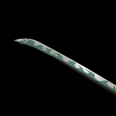 Close-up of hand-polished green blade of Zoro Enma Katana