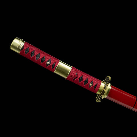 Close-up of Sandai Kitetsu katana handle, ergonomic grip, faux rayskin