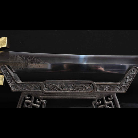Close-up of the 1095 high carbon steel blade of Harpe sword replica