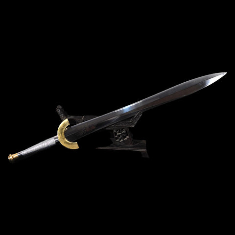 Full tang construction visible on the hand forged Harpe sword replica