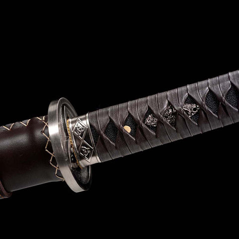 Bamboo mekugi pegs securing the full tang Hattori Hanzo Katana Sword
