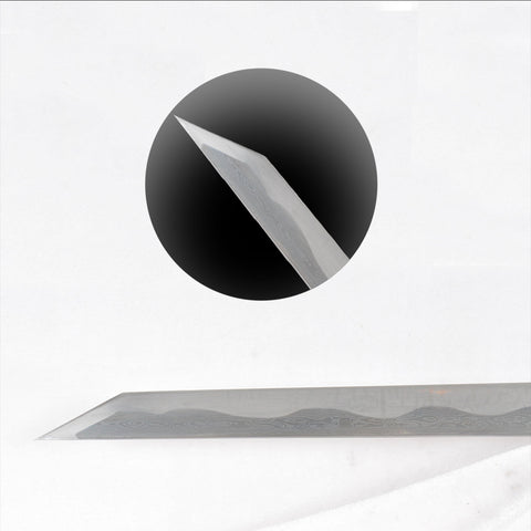 Detailed view of Kenshi MK katana tip with yokote and sharp clay tempered edge