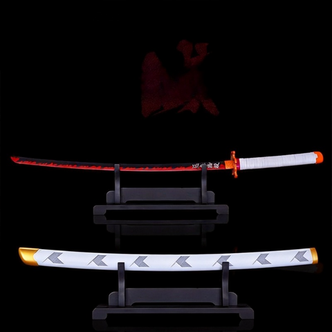 Detailed patterned saya of Kyojuro Rengoku sword replica inspired by Flame Hashira design from Demon Slayer anime.