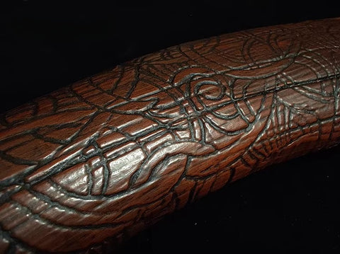 wood finish handle with detailed carvings for Kratos axe replica