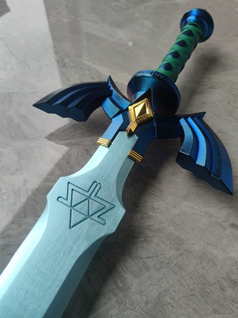 Close-up of titanium plated Master Sword handle with blue and purple gradient finish