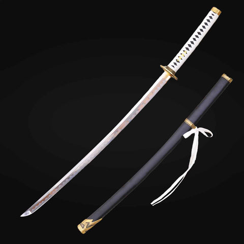 Matte black saya with yellow synthetic silk sageo on Yamato Katana