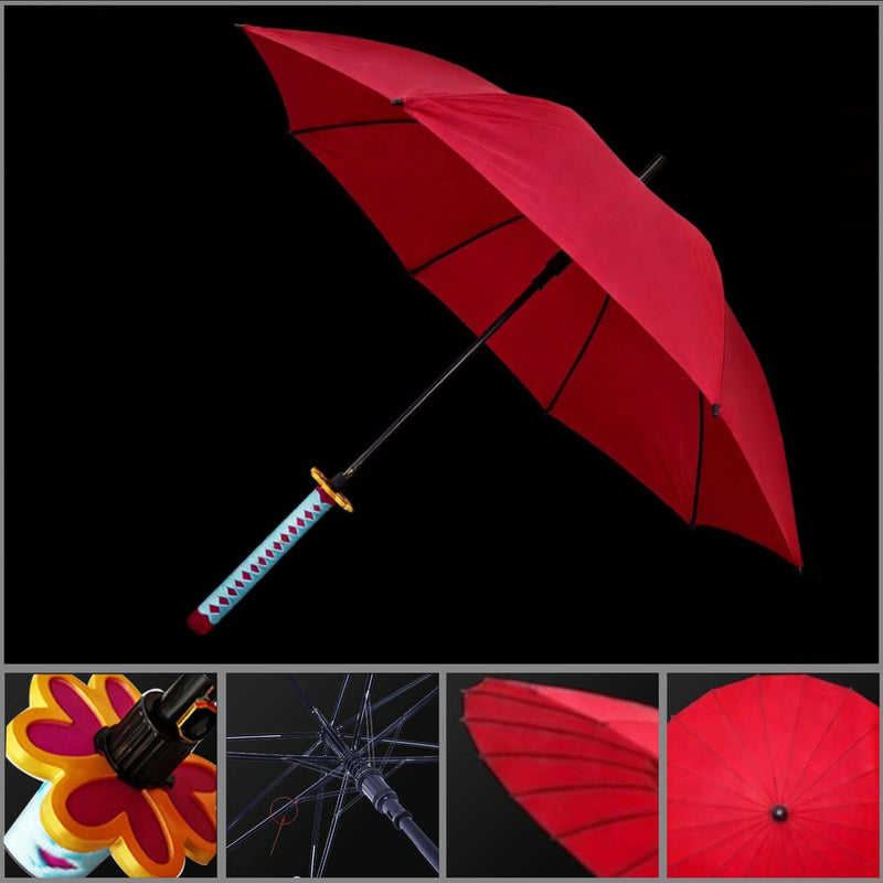 Mitsuri Kanroji Red 16-Rib Sword Umbrella with Carry Sleeve Anime Cosplay Umbrella 