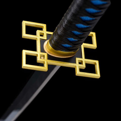 Golden square tsuba detail on Muichiro Tokito Nichirin Sword