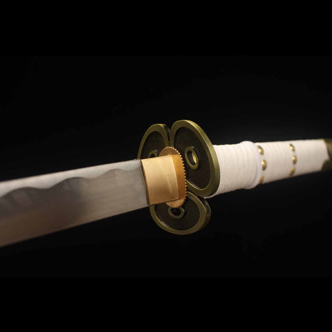 Trefoil-shaped tsuba detail on Ame no Habakiri katana sword