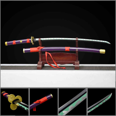 Full view of the hand-forged One Piece Zoro Enma Katana with green blade