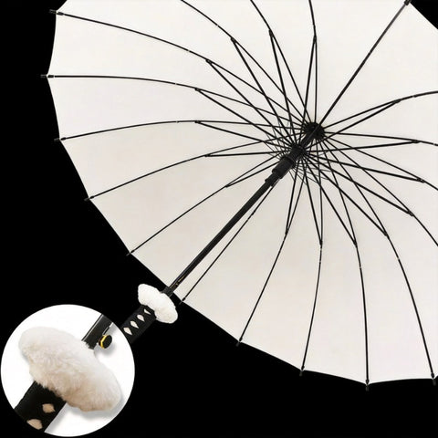 Opened 16-rib anime sword umbrella showing windproof structure and durability