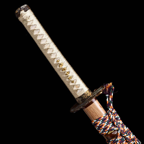 Solid copper tsuba gilded in gold and silver on handcrafted katana