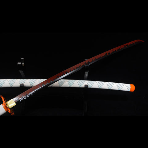 Side view of hand forged Rengoku Kyojuro Demon Slayer katana