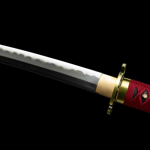 Close-up of Sandai Kitetsu Katana blade, 1095 high carbon steel, detailed craftsmanship