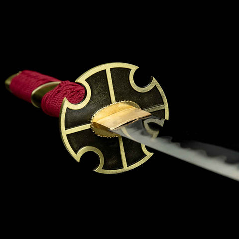 Sandai Kitetsu Katana cross-shaped tsuba with flaming pattern, hand forged