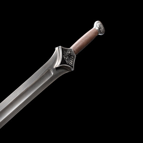 Detailed view of solid iron fittings and guard on Conan the Barbarian Mother’s Sword