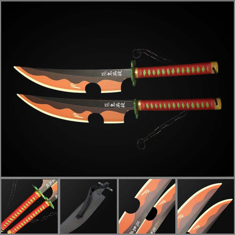 Front view of Tengen Uzui dual blades cosplay sword from Demon Slayer anime