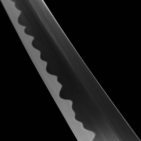 Close-up of 1095 high carbon steel blade of Vergil Yamato Katana, clay-tempered and sharp