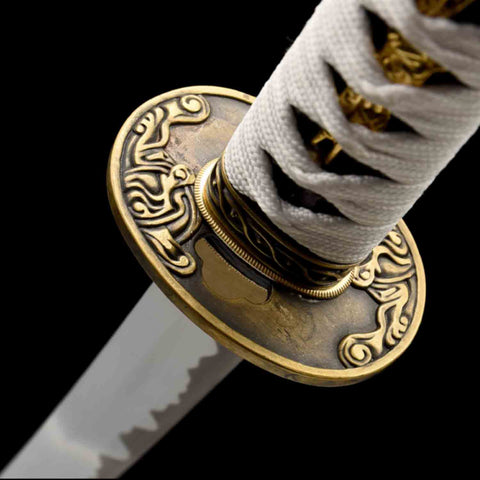 Close-up of copper tsuba on hand-forged Vergil Yamato Katana, authentic Devil May Cry 3 replica