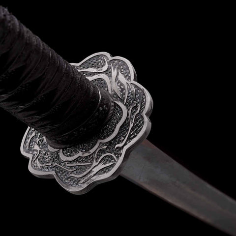 Side angle view of katana guard on Violet Undead Cut Sekiro sword