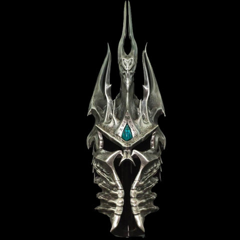 lich king helm 1:1 replica displayed on stand for collection and showcase