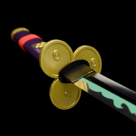Close-up of the alloy tsuba on Zoro Enma Katana showcasing anime-inspired design