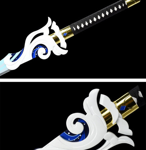 Close-up of Akuoumaru metal sword replica showing detailed craftsmanship and authentic finish